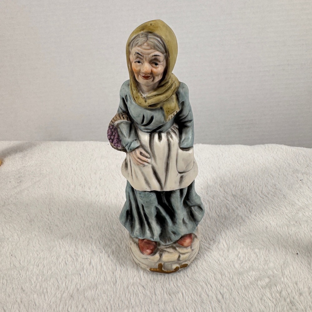Vintage Porcelain Old Woman Figurine Basket Peasant Lady 6.5" Hand Painted